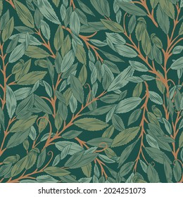 Botanical vines seamless repeat pattern with hand drawn textured plants, climbing green leaves on turquoise background. Design great for Fabric, Wallpaper, Packaging Projects and more.