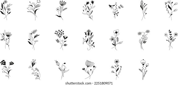 Botanical vintage floral decoration print design template vector. Ornamental illustration invitation, greeting card, wallpaper, wedding invitation, save the date. Vintage rustic set