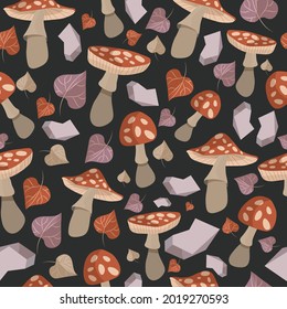 Botanical vintage pattern. Ingredients for the potion. Vector illustrations of plants, mushrooms, crystals for books, games. Autumn. Drawing engraving sketch retro. Pattern for fabric.