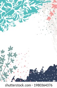 Botanical wall art. Abstract floral vector template with organic shapes, plants, leaves, stains, splashes. Trendy background for poster, flyer, banner, cover, greeting card, branding design. 