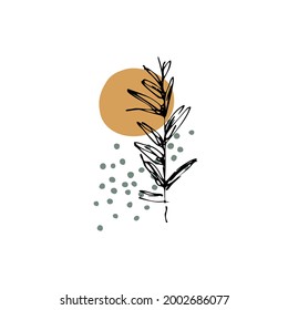 Botanical wall art with abstract geometric shape, meadow foliage line art drawing, minimal doodles. Contemporary poster for minimal print, boho wall decor, flat design Vector minimal art