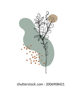 Botanical wall art with abstract geometric shape, meadow foliage line art drawing, minimal doodles. Contemporary poster for minimal print, boho wall decor, flat design Vector minimal art
