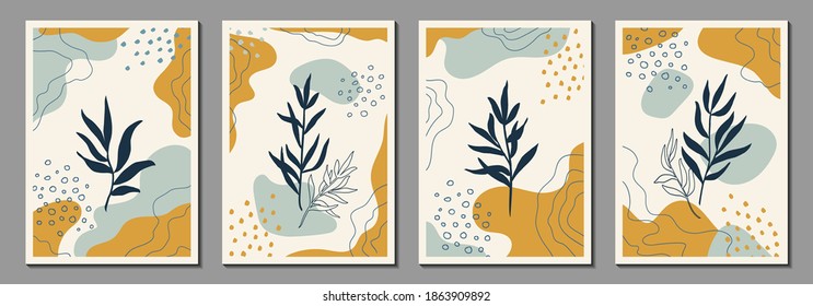 Botanical wall art. Abstract organic vector shapes, leaves, plants. Set of natural template, cover, poster, greeting card, frame, background in doodle style. Simple, stylish, minimal design. 