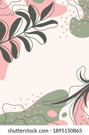 Botanical wall art. Abstract organic vector shapes, leaves, branch, plants. Natural elements in doodle style for template, cover, poster, greeting card, frame, background. Simple,  minimal design