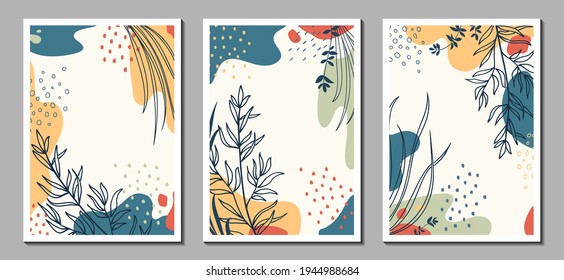 Botanical wall art. Abstract organic vector shapes, leaves, plants. Set of natural template, cover, poster, greeting card, frame, background in doodle style. Simple, stylish, minimal design. 