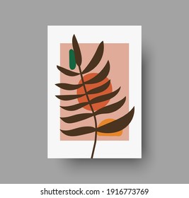 Botanical wall art abstract vector. Foliage line drawing. Neutral boho art print. Minimal mid century wall art print for bedroom decor. Gallery decor poster, terracota colors for bohemian interior