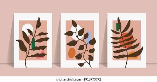 Botanical wall art abstract vector. Foliage line drawing. Neutral boho art print set. Minimal mid century wall art print for bedroom decor. Gallery decor poster, terracota colors for bohemian interior