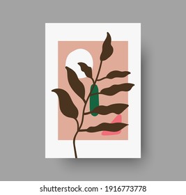 Botanical wall art abstract vector. Foliage line drawing. Neutral boho art print. Minimal mid century wall art print for bedroom decor. Gallery decor poster, terracota colors for bohemian interior