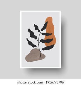 Botanical wall art abstract vector. Foliage line drawing. Neutral boho art print. Minimal mid century wall art print for bedroom decor. Gallery decor poster, terracota watercolor for bohemian interior