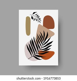 Botanical wall art abstract vector. Foliage line drawing. Neutral boho art print. Minimal mid century wall art print for bedroom decor. Gallery decor poster, terracota colors for bohemian interior