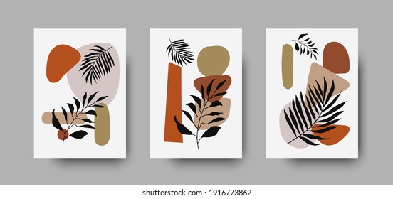 Botanical wall art abstract vector. Foliage line drawing. Neutral boho art print set. Minimal mid century wall art print for bedroom decor. Gallery decor poster, terracota colors for bohemian interior