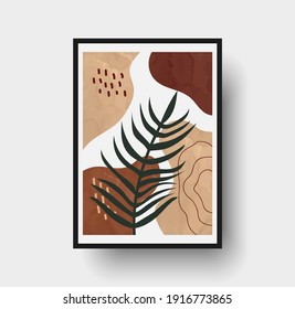 Botanical wall art abstract vector. Foliage line drawing. Neutral boho art print. Minimal mid century wall art print for bedroom decor. Gallery decor poster, terracota watercolor for bohemian interior
