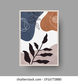 Botanical wall art abstract vector. Foliage line drawing. Neutral boho art print. Minimal mid century wall art print for bedroom decor. Gallery decor poster, terracota watercolor for bohemian interior