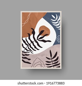 Vector abstracto de arte mural botánico. Dibujo de línea de follaje. Huellas de arte de boho neutrales. Mínima impresión de arte de mediados de siglo para la decoración de las habitaciones. Cartel de decoración de la galería, acuarela de terracota para el interior bohemio