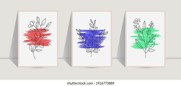 Botanical wall art abstract vector. Foliage line drawing. Neutral boho art print set. Minimal mid century wall art print for bedroom decor. Gallery decor poster, terracota colors for bohemian interior