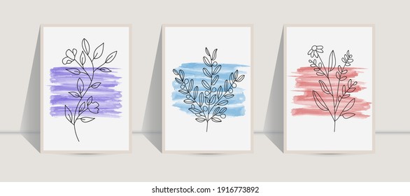 Botanical wall art abstract vector. Foliage line drawing. Neutral boho art print set. Minimal mid century wall art print for bedroom decor. Gallery decor poster, terracota colors for bohemian interior
