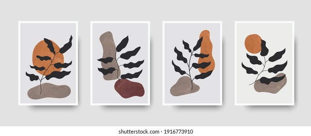 Vector abstracto de arte mural botánico. Dibujo de línea de follaje. Juego de impresión de arte de boho neutro. Mínima impresión de arte de mediados de siglo para la decoración de las habitaciones. Cartel de decoración de la galería, colores de terracota para el interior bohemio
