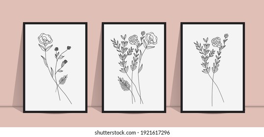 Botanical wall art abstract vector. Foliage line drawing. Neutral boho art print set. Minimal mid century wall art print for bedroom decor. Gallery decor poster, terracota colors for bohemian interior