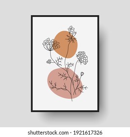 Botanical wall art abstract vector. Foliage line drawing. Neutral boho art print. Minimal mid century wall art print for bedroom decor. Gallery decor poster, terracota watercolor for bohemian interior