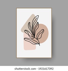 Botanical wall art abstract vector. Foliage line drawing. Neutral boho art print. Minimal mid century wall art print for bedroom decor. Gallery decor poster, terracota watercolor for bohemian interior