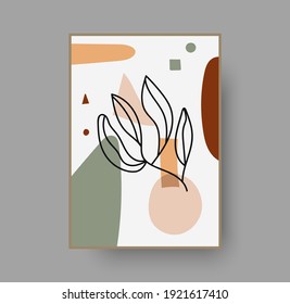 Botanical wall art abstract vector. Foliage line drawing. Neutral boho art print. Minimal mid century wall art print for bedroom decor. Gallery decor poster, terracota watercolor for bohemian interior