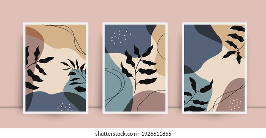 Botanical wall art abstract vector. Foliage line drawing. Neutral boho art print set. Minimal mid century wall art print for bedroom decor. Gallery decor poster, terracota colors for bohemian interior