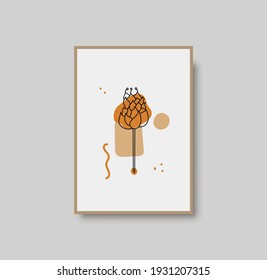 Botanical wall art abstract vector. Foliage line drawing. Neutral boho art print. Minimal mid century wall art print for bedroom decor. Gallery decor poster, terracota watercolor. Vector illustration