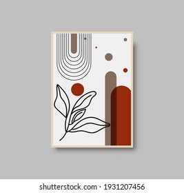 Botanical wall art abstract vector. Foliage line drawing. Neutral boho art print. Minimal mid century wall art print for bedroom decor. Gallery decor poster, terracota watercolor. Vector illustration