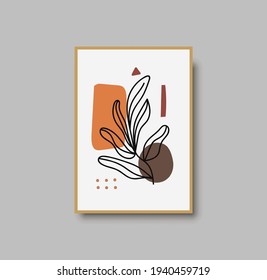 Botanical wall art abstract vector. Foliage line drawing. Neutral boho art print. Minimal mid century wall art print for bedroom decor. Gallery decor poster, terracota watercolor. Vector illustration