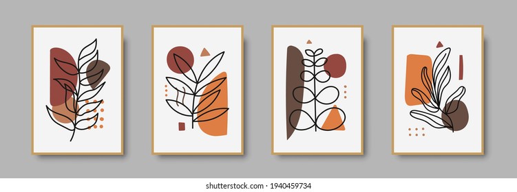 Botanical wall art abstract vector. Foliage line drawing. Neutral boho art print set. Minimal mid century wall art print for bedroom decor. Gallery decor poster, terracota colors. Vector illustration