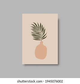 Botanical wall art abstract vector. Foliage line drawing. Neutral boho art print. Minimal mid century wall art print for bedroom decor. Gallery decor poster, terracota watercolor. Vector illustration