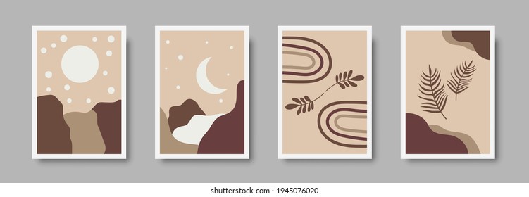 Botanical wall art abstract vector. Foliage line drawing. Neutral boho art print set. Minimal mid century wall art print for bedroom decor. Gallery decor poster, terracota colors. Vector illustration