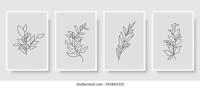 Botanical wall art abstract vector set. Foliage line drawing. Neutral boho art print. Minimal mid century wall art print for bedroom decor. Gallery decor poster, terracota watercolor. Vector poster