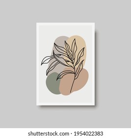 Botanical wall art abstract vector. Foliage line drawing. Neutral boho art print. Minimal mid century wall art print for bedroom decor. Gallery decor poster, terracota watercolor. Vector poster