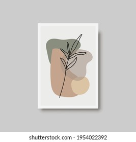 Botanical wall art abstract vector. Foliage line drawing. Neutral boho art print. Minimal mid century wall art print for bedroom decor. Gallery decor poster, terracota watercolor. Vector poster