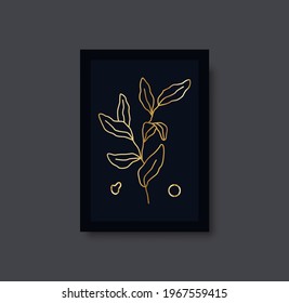 Botanical wall art abstract vector. Foliage line drawing. Golden boho art print set. Minimal mid century wall art print for bedroom decor. Gallery decor poster, gold leaves for bohemian interior