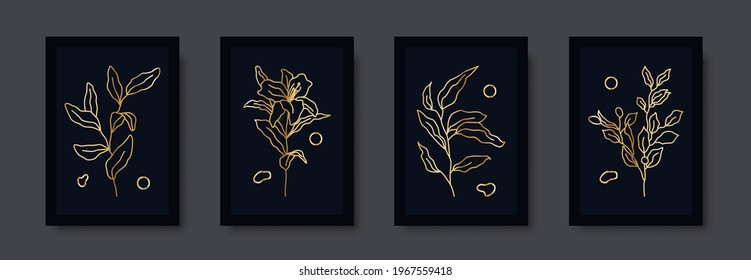 Botanical wall art abstract vector. Foliage line drawing, golden art print set. Minimal mid century wall art print for bedroom decor. Gallery decor poster, gold leaves for bohemian interior