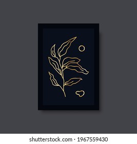 Botanical wall art abstract vector. Foliage line drawing. Golden boho art print set. Minimal mid century wall art print for bedroom decor. Gallery decor poster, gold leaves for bohemian interior
