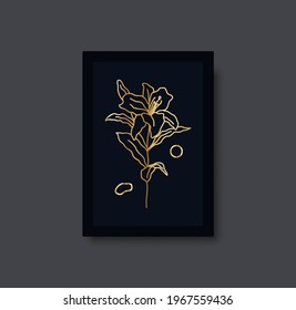Vector abstracto de arte mural botánico. Dibujo de línea de follaje. Juego de papel de boho dorado. Mínima impresión de arte de mediados de siglo para la decoración de las habitaciones. Cartel de decoración de la galería, hojas de oro para el interior bohemio