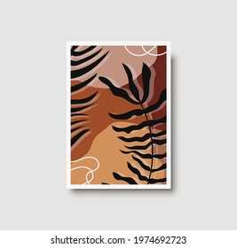 Botanical wall art abstract vector. Foliage line drawing. Neutral boho art print. Minimal mid century wall art print for bedroom decor. Gallery decor poster, terracota watercolor. Vector illustration