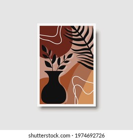 Botanical wall art abstract vector. Foliage line drawing. Neutral boho art print. Minimal mid century wall art print for bedroom decor. Gallery decor poster, terracota watercolor. Vector illustration