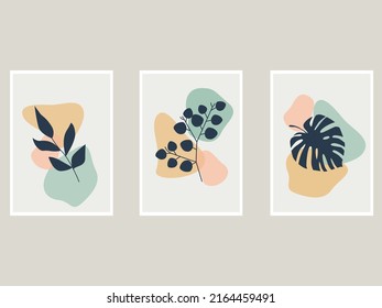 Botanical wall art abstract vector. Boho art print set. Gallery decor poster, pastel colors for bohemian interior