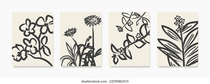 Botanical wall art. Artistic hand painted leaf line art illustration. Art Design vintage and natural prints for covers, wallpapers, banners, flyers, posters, and related about decoration.