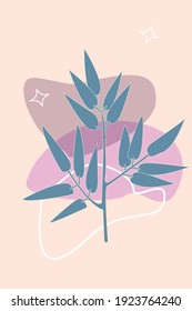 Botanical wall art background. Earth tone natural colors foliage line art boho plants drawing with abstract shape. Mid century modern design for cards, prints, poster, cover and wallpaper