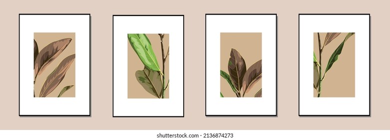 Botanischer Wandkunsthintergrund. Tropisches Posterset aus Blattwerk. Exotic Plant Art Design für Wandbilder, Leinwand-Drucke, Poster, Wohnungsdekoration, Decken, Tapete.