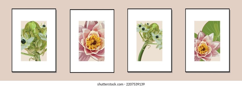 Botanical wall art background set. Foliage tropical poster set. Exotic Plant Art design for wall framed prints, canvas prints, poster, home decor, cover, wallpaper.