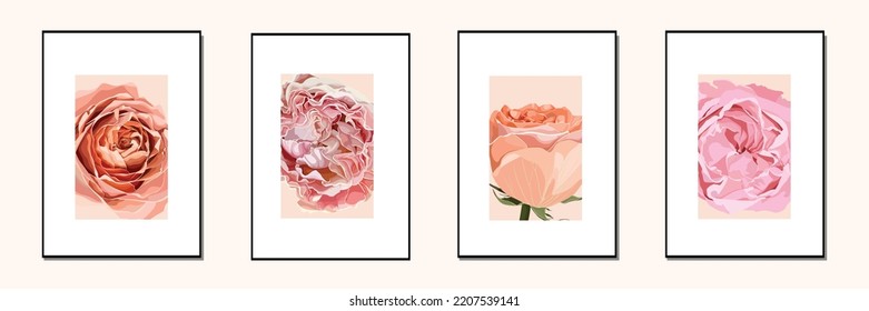 Botanical wall art background set. Foliage tropical poster set. Garden rose Art design for wall framed prints, canvas prints, poster, home decor, cover, wallpaper.