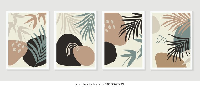 Botanical wall art background vector set.Earth tone natural colors foliage line art  boho plants drawing with abstract shape. Mid century modern design for prints, poster, cover and wallpaper.