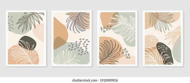 Botanical wall art background vector set.Earth tone natural colors foliage line art  boho plants drawing with abstract shape. Mid century modern design for prints, poster, cover and wallpaper.