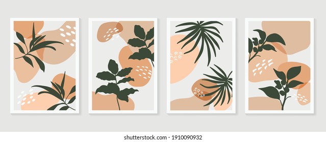 Botanical wall art background vector set.Earth tone natural colors foliage line art  boho plants drawing with abstract shape. Mid century modern design for prints, poster, cover and wallpaper.